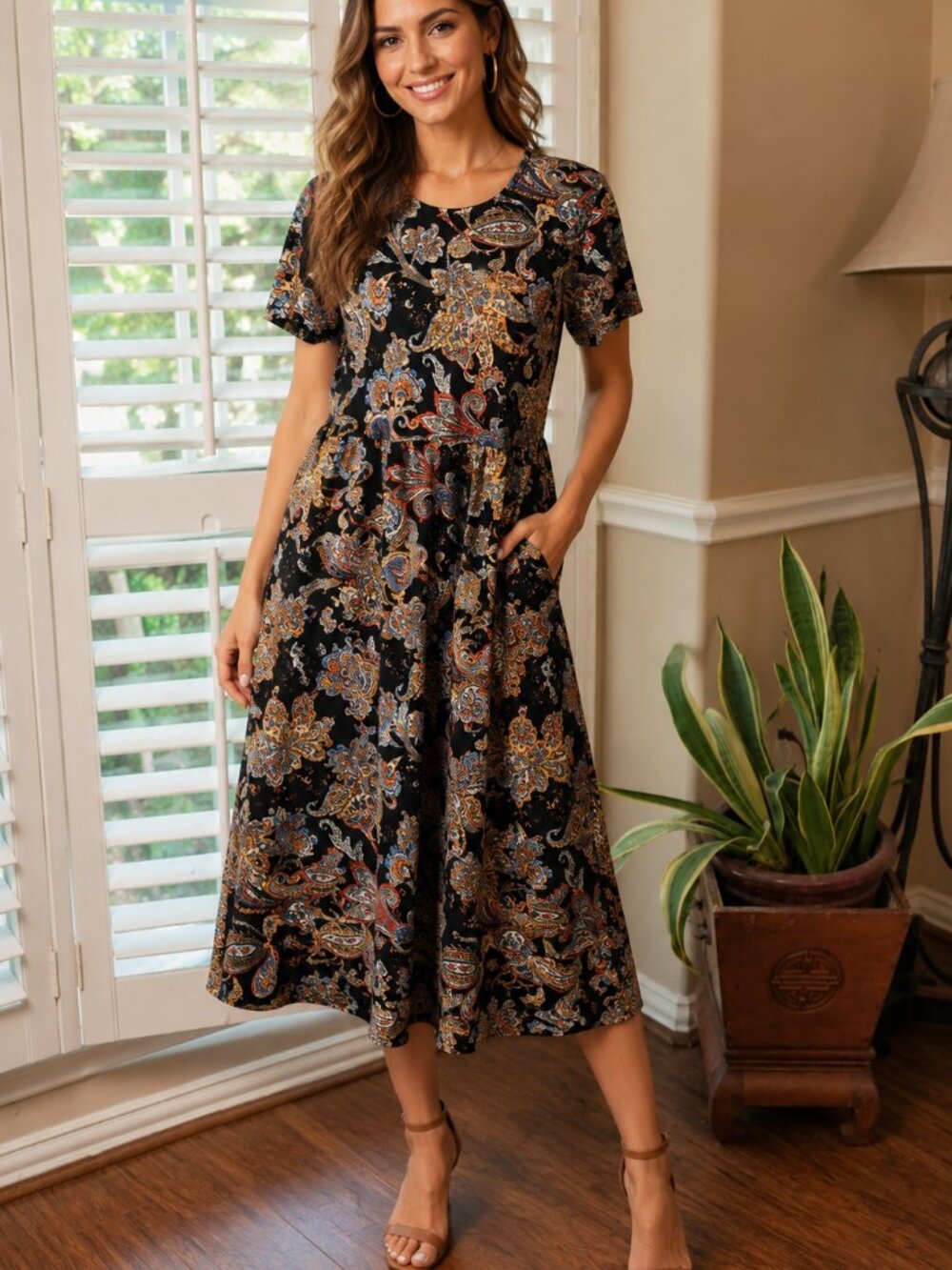 Black Paisley Boho Midi Dress Size L